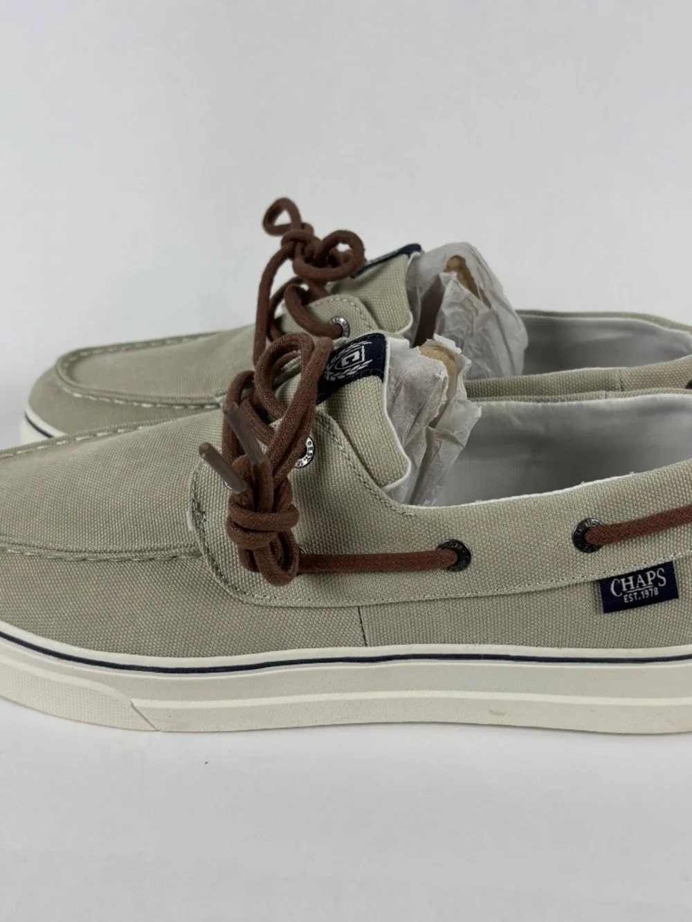 Chaps, Canvas Boat Shoes, Men's 9,, Tan Lace Up, Casual Deck, Memory Foam